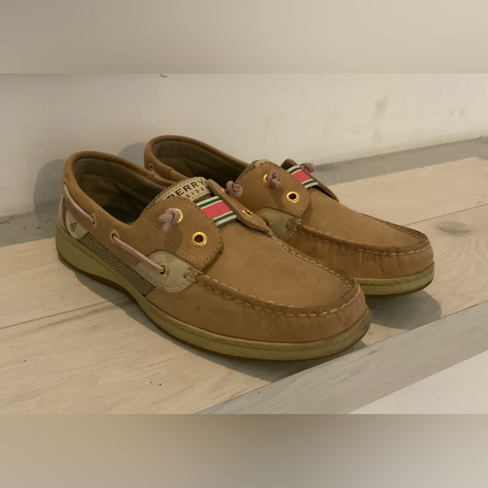 Sperry Top-Sider Seaside Boat Shoes | Tan Leather with Pink & Stripe Detail  7.5